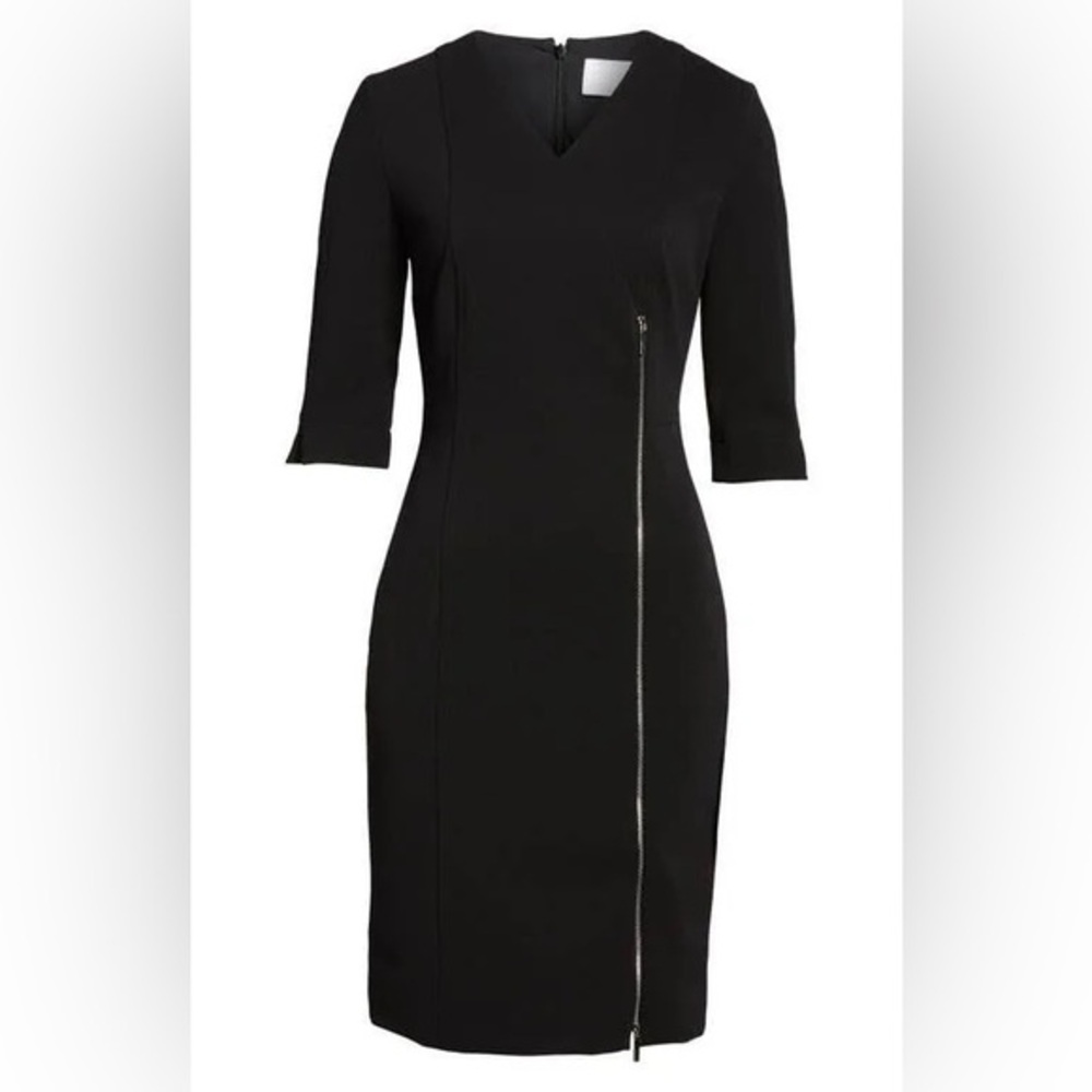 Hugo Boss Deazema Black Jersey Twill Zipper Detail 3/4 Sleeve Dress Size 4